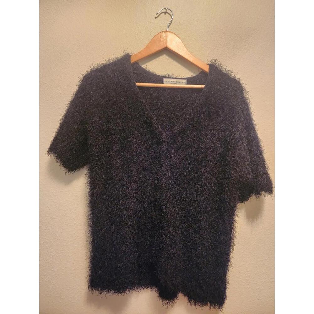 Y2K VTG Contemporaine La Maison Simons Black Fuzzy Short Sleeve V-Neck Sweater